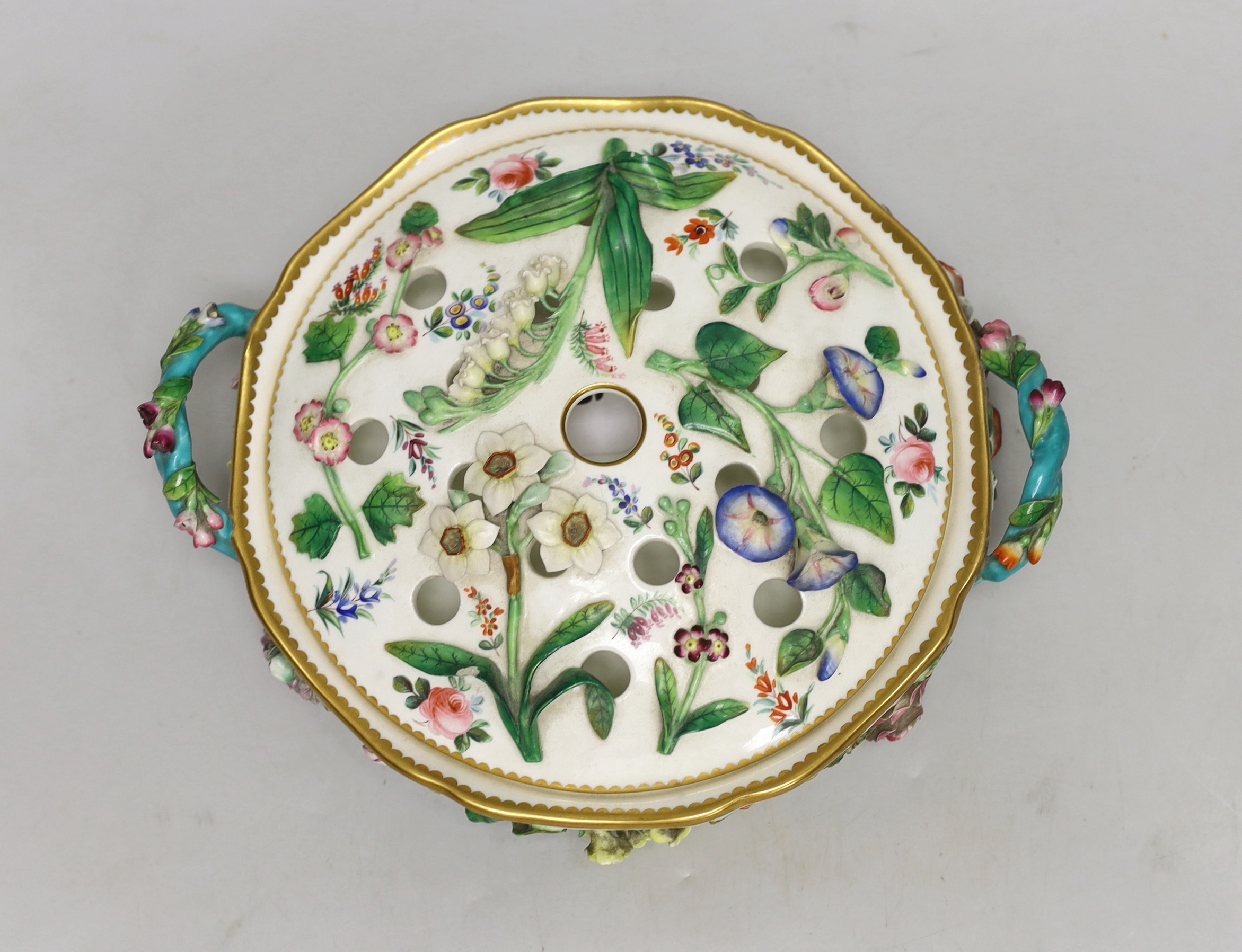 A Minton potpourri bowl and cover, c.1830, with applied floral decoration, 25cm wide